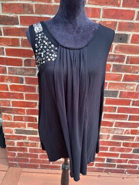 Midnight Velvet Dressy Top with Multi-Color Studs and Silver Sequins Size L